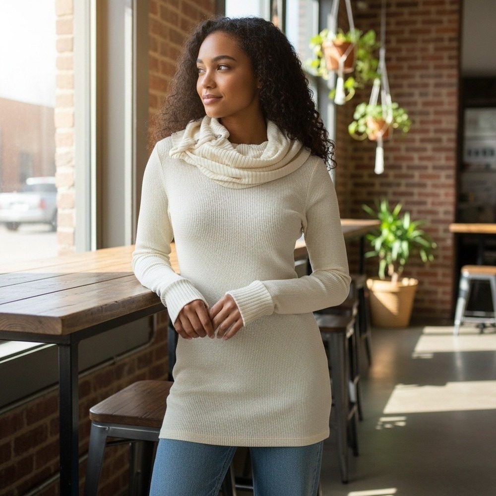 Pure + Good Cowl Neck Thermal Anthro L Cream Waffle Knit Granola Girl Button